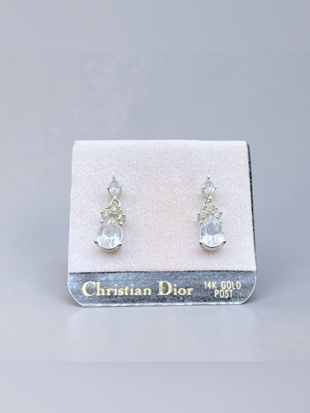 Christian Dior Vintage Crystal Teardrop Dangle Stud Earrings w/ 14K Gold Posts